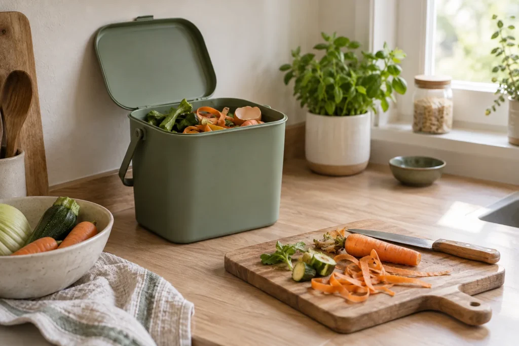 Bioseau avec épluchures en cuisine