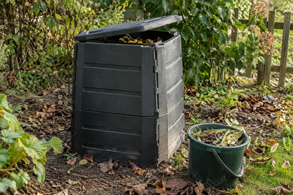 Composteur et seau dans un jardin