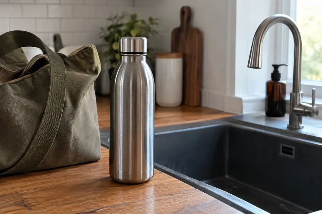 Gourde inox près d’un sac