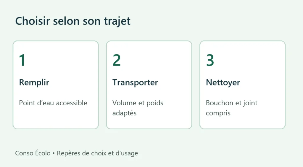 Trois étapes d’usage d’une gourde