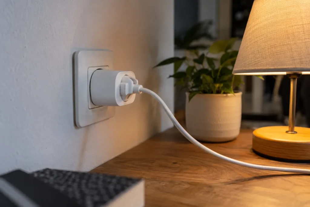 Prise connectée près d’une lampe